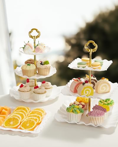 Kootek 10pcs Cupcake Stand Dessert Table Display Set Serving Tray for Party | 3-Tier Cupcake Stand, 6 Rectangular Trays, Hold 128 Standard Cupcakes, Cookie Display, BPA-Free, No Tools Required, Hand Wash - color: Gold & White, size: 10 Set