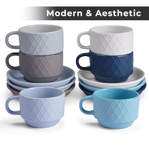 MIAMIO - 6 x 2.5 oz Stoneware Espresso Mug, Cup Set Modern with Stand and Saucers - Palmanova Collection (Ocean Blue) - color: Ocean Blue