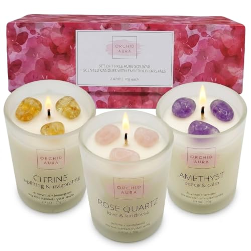 Soy Candles with Healing Crystals. Citrine, Rose Quartz, Amethyst Crystal. | Eucalyptus + Lemongrass, Jasmine + Sandalwood, Clary Sage + Lavender. 3PC Scented Crystal Candle Set, 2.47oz Each