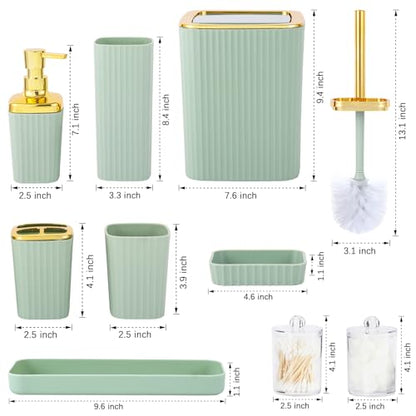 9 PCS Green Bathroom Accessories Set with Trash Can Bathroom Accessory | All-in-One Kit with Trash Can,Toothbrush Holder,Soap Dispenser,Toothbrush Cup,Vanity Tray,Soap Dish,Toilet Brush etc for Home - color: Lightgreen