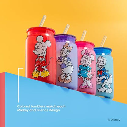 JoyJolt Disney Mickey Mouse and Friends Color Sketch Glass Tumblers with Lids and Straws, 16oz Glass Cups with Lids and Straws, Can Shaped Drinking Glasses Set of 4, Disney Gifts for Adults - style: Mickey Mouse