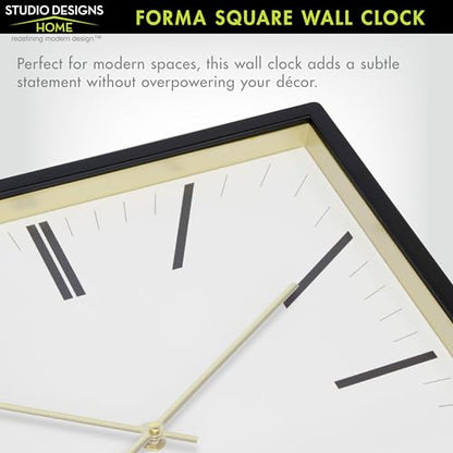 Forma Square Modern Wall Clock, 16" Minimalist Black Frame with Gold Trim, Quartz Movement, Glass Face, Contemporary Indoor Wall Décor