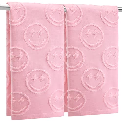 2 Pcs Smiling Face Hand Towels for Bathroom Pink Preppy Hand Towels 100% Cotton Absorbent Decorative Jacquard Weave Bath Decor Cute Bathroom Decor Gift, 13. 7 x 29. 5 Inch - color: Pink, style: Preppy