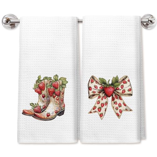 Strawberry Kitchen Towels, Coquette Strawberry Bow Western Cowgirl Boots Dish Tea Towels for Kitchen Decor, Preppy Girly Hand Towels for Bathroom Decor, 16x24 Inch Set of 2 - color: Strawberry Bow Western Towels