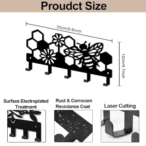 MAYJOYDIY Bee Beehive Metal Key Hook Honey Bee Flowers Coat Rack Wall Mounted 9.8×4.7inch Honeycomb Insect Black Art Key Holder with 5 Hooks for Gift Kitchen Bathroom Clothes Storage - style: Bee Beehive