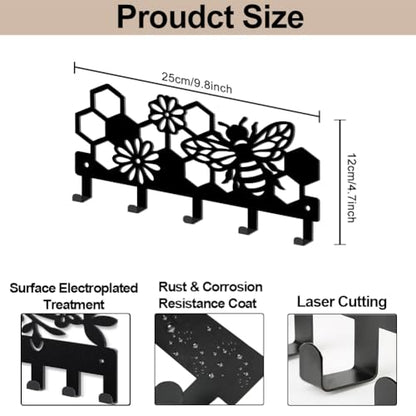 MAYJOYDIY Bee Beehive Metal Key Hook Honey Bee Flowers Coat Rack Wall Mounted 9.8×4.7inch Honeycomb Insect Black Art Key Holder with 5 Hooks for Gift Kitchen Bathroom Clothes Storage - style: Bee Beehive