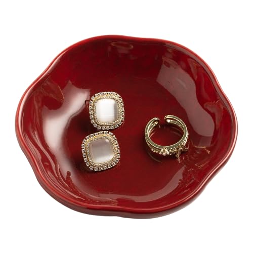BEUNAIZER Ceramic Ring Dish, 4.3 in Flower Jewelry Tray with Raised Sides | Keeps rings, earrings, keys and hair accessories visible on a vanity, nightstand or bathroom counter. - color: red