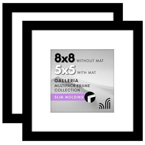 Americanflat 8x8 Picture Frame 2-Pack - Matted to 5x5 - Black | Slim Molding construction, Polished plexiglass front, wall or tabletop display with included easel, triangle hangers included - color: Black, size: 8x8