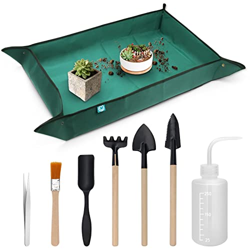Plant Repotting Mat 43.3" x 29.5", Garden Potting Mat for Indoor | Waterproof Transplanting Mat, with 7P Succulent Plant Tools Kit