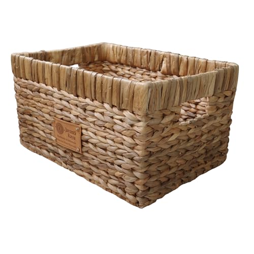 Handmade Water Hyacinth Wicker Storage Basket with Handles – Rectangle Organizer Bin for Shelves, Blanket, Bathroom, Closet – Stackable – Decorative (1-Pack, Mid Size: 12" x 8" x 7") - size: Mid: 12x8x7"