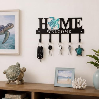 Key Holder Wall Mount Sea Turtle Metal Key Hooks Organizer Hanger Coat Rack with 5 Hooks Beach Nautical Welcome Home Wall Decor for Entryway Bathroom Hallway Living Room 9.8 Inch - style: Turtle