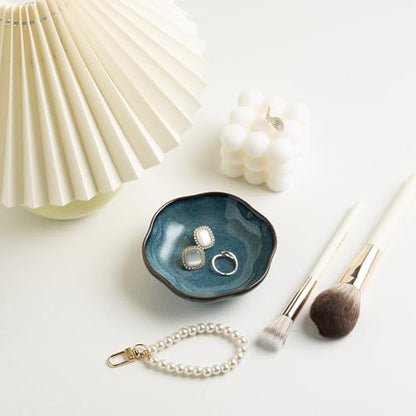 BEUNAIZER Ceramic Ring Dish, 4.3 in Flower Jewelry Tray with Raised Sides | Keeps rings, earrings, keys and hair accessories visible on a vanity, nightstand or bathroom counter. - color: blue