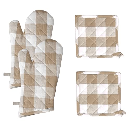 Native Fab Buffalo Plaid Check Oven Mitts and Pot Holders Set of 4, 100% Cotton Heat Resistant Kitchen Gloves, 2 Oven Mitts (7x13), 2 Pot Holders (8x8) for Cooking & Baking, Beige White - color: Buffalo, Beige