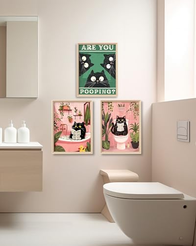UPWOIGH Funny Cat Framed Bathroom Wall Art, 12 x 16 Inch, Set of 3 | Black Cats Reading and Bathing, Are You Pooping Quote, Pink and Green Prints, Beige Oak Frames for Restroom and Powder Room - color: pink and Blue