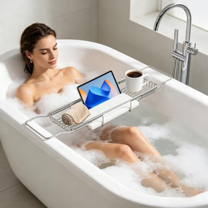 Expandable Bathtub Tray, Stainless Steel Bath Caddy with Marble Board, Adjustable 26.8-35.4 Inch Bathtub Shelf for Bathroom Spa