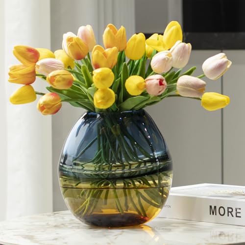 Glass Handmade Decorative Vase Ombre Centerpiece Vase with Yellow Base, Flower Vase for Home Decoration (Low vase) - size: low vase