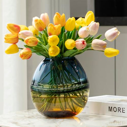 Glass Handmade Decorative Vase Ombre Centerpiece Vase with Yellow Base, Flower Vase for Home Decoration (Low vase) - size: low vase