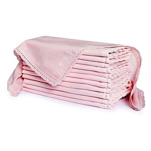 Ramanta Home PinkLinen Flax Cloth Napkins Set of 12, 18x18 Inches | Flax Lace Cotton Linen Reusable Decorative Scalloped Dinner Napkins with Mitered Corners for Weddings, Everyday Use - color: Pink, size: 18" x 18" (Set of 12)