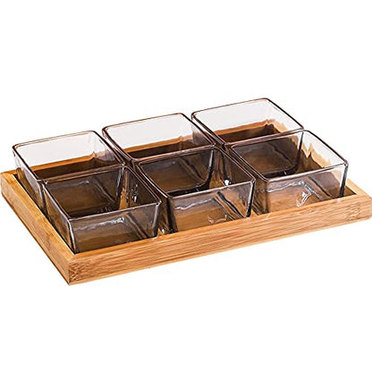 6 Compartment Glass Fruit Bowl with Wooden Tray Creative Snack Serving Tray Divided Serving Platter Reusable Ice Cream Cups Removable Salad Bowls for Snack Candy Nuts Desserts Smoky Gray - color: Smoky Gray, size: 6 Compartment
