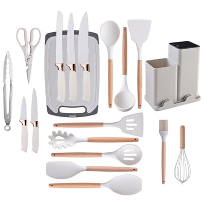 19 Pieces Kitchen Utensils and Knife Set with Block, Inldued 9 Pieces Silicone Cooking Utensils Set 5 Pieces Sharp Stainless Steel Chef Knives Scissors Whisk Tongs and Cutting Board (BEIGE) - color: Beige