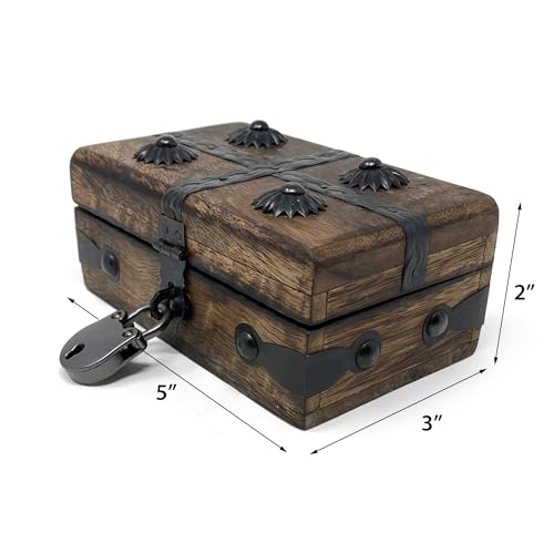 Treasure Chest Wooden Box with Antique Iron Lock and Skeleton Key (X-Small 5 x 3 x 2) - Storage and Decor – Pirate Wooden Treasure Chest, Decorative Box with Hinged Lid, - size: X-Small 5 x 3 x 2"