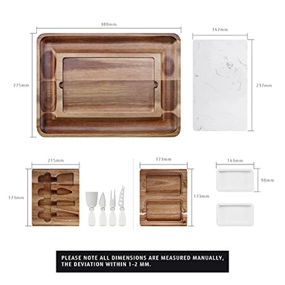 hecef Cheese Board Set Acacia Wood - Large Charcuterie Board with Stainless Steel Knife Set, Thick Wooden Server - Fancy House Warming, Birthday Choice for Gourmets, Feast, Cheese Serving - style: with Drawer-White