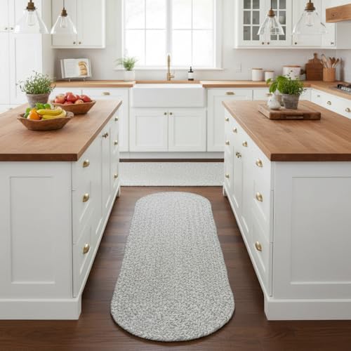 Farmhouse Braided Runner Rug 2x6 Gray & White – Reversible Cotton Blend Hallway, Kitchen, Bedroom & Entry Rug – Soft, Durable, Handcrafted, Low-Profile Indoor Mat - color: Gray & White, size: 2' x 6' (Oval)