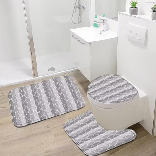 DDQQ 4Pcs Grey Wave Lines Shower Curtain Set with Rugs Stripe Bathroom Set | Waterproof, Durable, Grey Shower Curtain with 12 Hooks, Non-Slip Rugs, Toilet Lid Cover, U Toilet Mat, Bathroom Decor - color: Grey