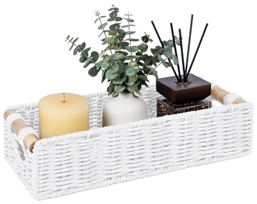 CubesLand Back of Toilet Storage Basket for Organizing W/Cut Out Handle | Handwoven Toilet Tank Top Paper Baskets, Small Wicker Decorative Basket for Countertop, Home, Living Room, Nursery, White - color: White, size: S-12.99" (L) X 6.29" (W) X 3.15" (H)