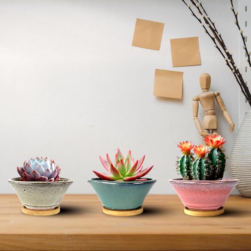 6 Inch Glazed Terracotta Succulent Pot Planter Small Plant Pot with Drainage Hole and Bamboo Saucer Cactus Ceramic Pot Set of 3 (Light Green Pink White)