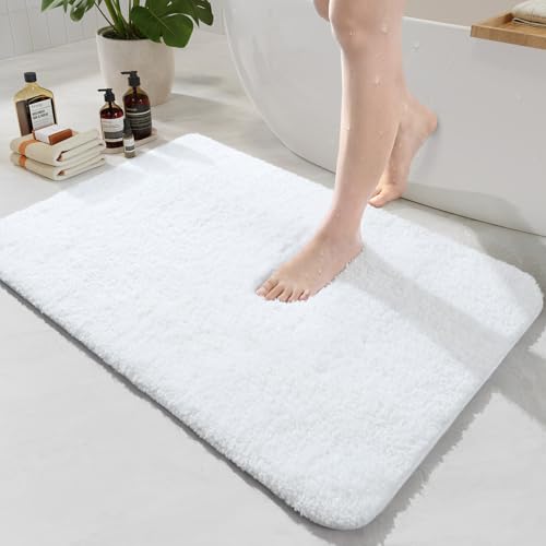 White Bathroom Rug Set 2 Piece Bath Mat 21x34'' &U Shape Toilet Rug 21x21'' | Absorbent,Washable,Non Slip Bathroom Rugs Sets,Contour Mat for Toilet - color: White