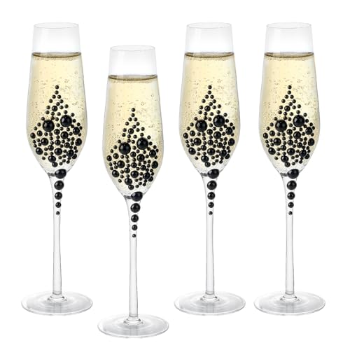 MyGift Champagne Flutes 6 oz, Clear Glass Stemmed Toasting Glasses with Faux Black Pearls – Wedding, Bridal Shower & Bachelorette Party Glassware Set of 4 - color: Black