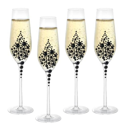 MyGift Champagne Flutes 6 oz, Clear Glass Stemmed Toasting Glasses with Faux Black Pearls – Wedding, Bridal Shower & Bachelorette Party Glassware Set of 4 - color: Black