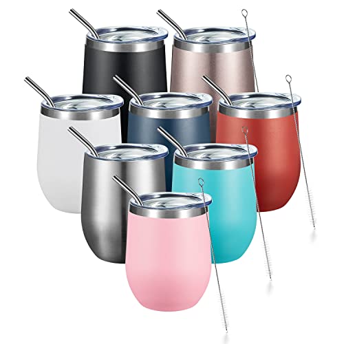 COMOOO Stainless Steel Wine Tumbler with Lid and Straw 12oz Double Wall Vacuum Insulated Travel Tumbler Cup for Coffee, Wine, Cocktails, Champagne (Mix color,8 Pack) - color: Mix Color