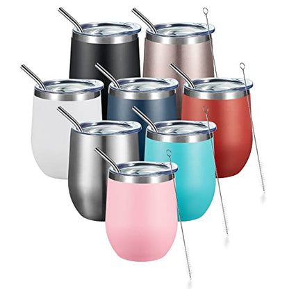 COMOOO Stainless Steel Wine Tumbler with Lid and Straw 12oz Double Wall Vacuum Insulated Travel Tumbler Cup for Coffee, Wine, Cocktails, Champagne (Mix color,8 Pack) - color: Mix Color