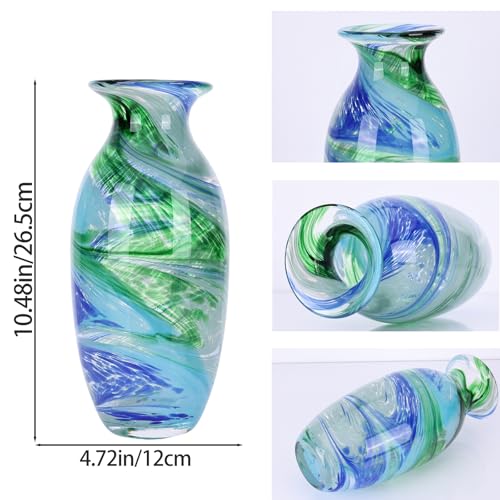 Hand Blown Glass vase, Blue Green Wide Mouth vase, Contemporary Glass Art Suitable for Display on Living Room Dining Tables, in Offices, bathrooms, Coffee Tables and hallways. - color: B-blue Veins