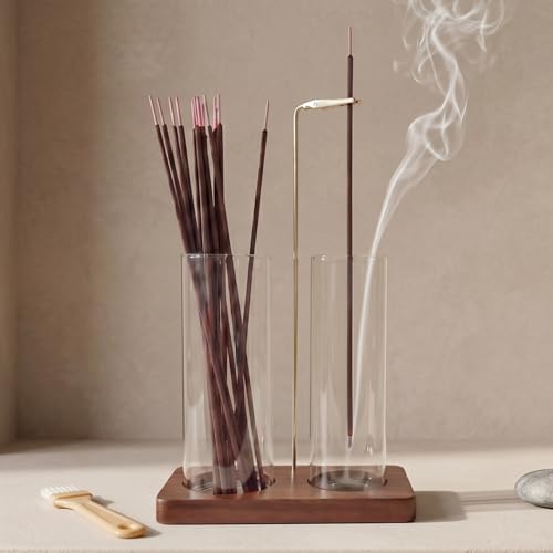 2 in 1 Anti-Ash Incense Holder for Sticks, Upside Down Hanging Incense Burner with Removable Glass Ash Catcher and Wooden Base, Modern Vertical Zen Decor for Home Office Yoga Meditation Room