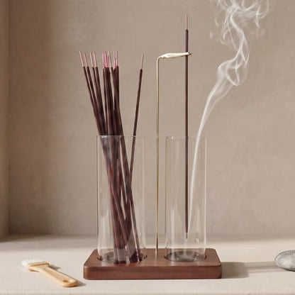 2 in 1 Anti-Ash Incense Holder for Sticks, Upside Down Hanging Incense Burner with Removable Glass Ash Catcher and Wooden Base, Modern Vertical Zen Decor for Home Office Yoga Meditation Room