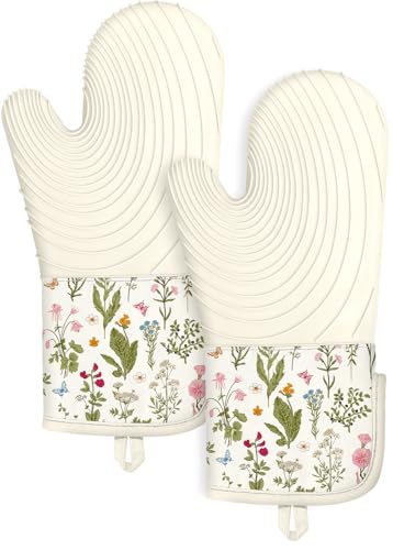 Slohif Long Silicone Oven Mitts Heat Resistant for Women - 2 Pcs Beige Floral 100% Cotton Oven Gloves, Non-Slip and Waterproof Silicone Oven Mitts with Hanger for Baking and Cooking - color: White Green