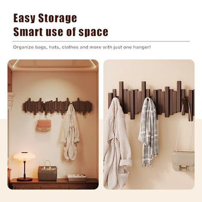 Coat Rack Wall Mount Piano Flip Down Wall Hook Rack 5 Hooks Walnut | Natural Wood Handmade Unique Hanger for Coats Bag Hat Umbrella key Wall Art In the foyer living room bedroom bathroom office - color: Walnut
