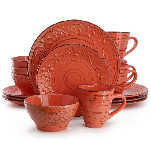 Elama Malibu Jasper 16-Piece Stoneware Embossed Pattern Reactive Glaze Orange Dinnerware Set, Tableware, Serveware Set (Jasper Orange) - color: Jasper Orange