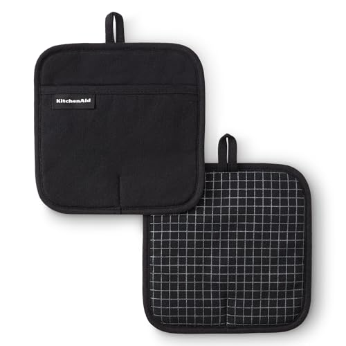 KITCHENAID Gourmet Series Gridlines Pot Holders 2-Pack Set, Heat Resistant up to 600°F, Soft Silicone Grip, Magnetic Cuff, Matte Black, 8"x8" - color: Matte Black