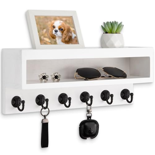 Key and Mail Holder Wall Mount, Key Hanger with Long Storage Box and 6 Hooks for Coat, Dog Leash, Home Decor Rack, House Accessories, Entry Way Organizer (White) - color: White