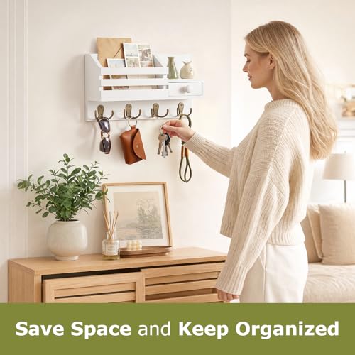 Key Holder Wall Mount, Wooden Key and Mail Organizer, White | 2 Mount Options, Includes 8 Hooks, Fence Mail Slot, Small Drawer and Shelf, for Entryway, Hallway, Doorway, Living Room, RV - color: White