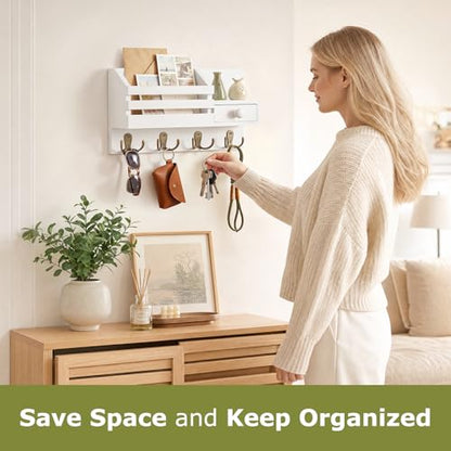 Key Holder Wall Mount, Wooden Key and Mail Organizer, White | 2 Mount Options, Includes 8 Hooks, Fence Mail Slot, Small Drawer and Shelf, for Entryway, Hallway, Doorway, Living Room, RV - color: White