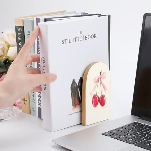 Two Red Cherries Tied with A Pink Ribbon Wooden Bookends Shelves 2 PCS Coquette Sturdy Book Holders Desktop Organizer for Home Office Libraries - color: Color-4