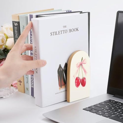 Two Red Cherries Tied with A Pink Ribbon Wooden Bookends Shelves 2 PCS Coquette Sturdy Book Holders Desktop Organizer for Home Office Libraries - color: Color-4