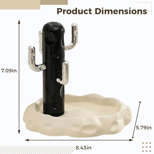 Cactus Shaped Ceramic Storage Tray with Ceramic Base, Jewelry Holder for Bathroom, Living Room, Office, Wave-Design Cactus Shelf for Watches, Rings and Small Accessories
