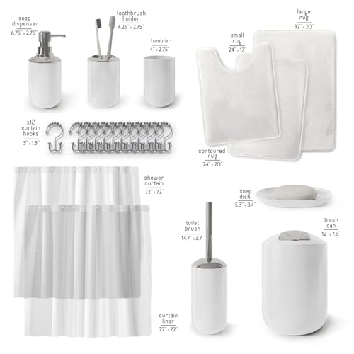 Clara Clark Bathroom Set - White Bathroom Accessories Set, Bathroom Sets with Shower Curtain and Rugs, 23PC Shower Curtain Set with Liner, Soap Dispenser, Soap Dish, Toilet Brush Holder, and Trash Can - color: White, size: Complete Set + Bath Rugs