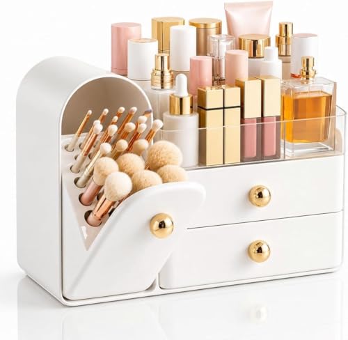 HBlife Makeup Organizer Countertop with Drawers, Vanity Organizers with Brush Holder, Bathroom Counter Organizer for Perfume, Nail Polishes, Lipsticks, Skincare and Eyeshadow Palettes, White and Gold - color: White and Gold